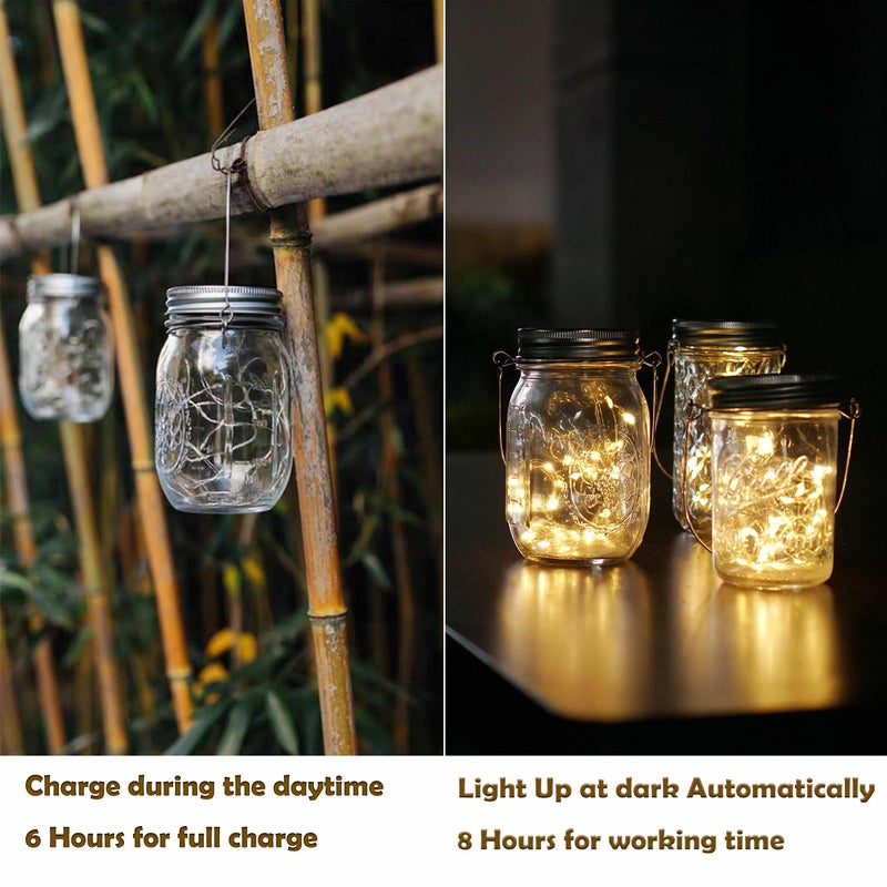 Decorman Solar Mason Jar Lid Lights, 6 Pack 20 LED Waterproof String Fairy Star Firefly Jar Lids Lights for Patio Garden Yard Lawn Party Wedding Christmas Decoration(Jars & Hangers Not Included) - Image 4